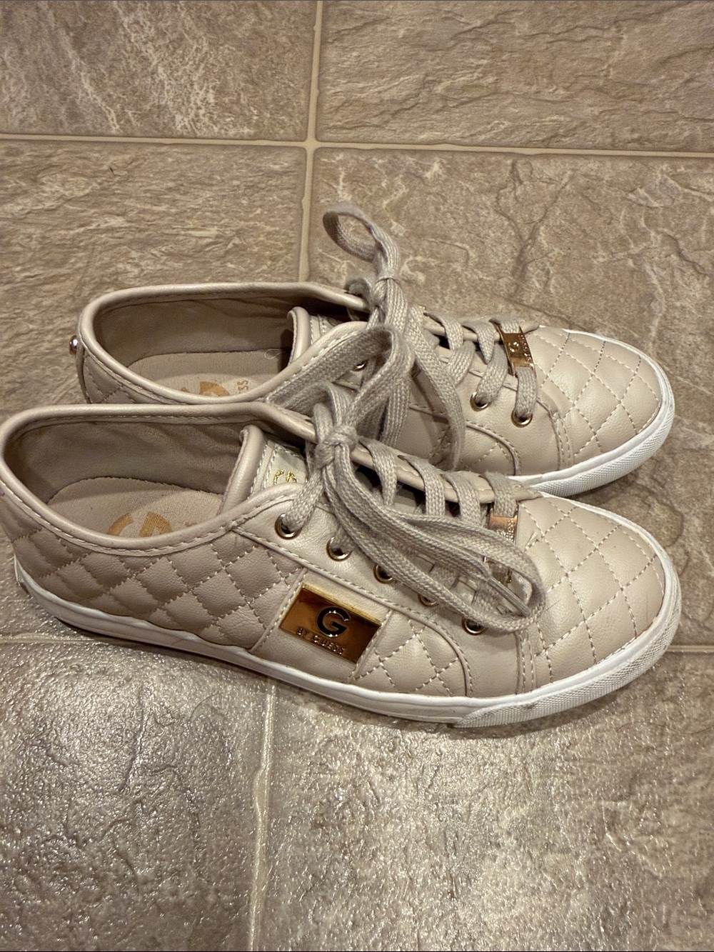 Guess Quilted Cream and Gold Women's Lace-Up Sneakers